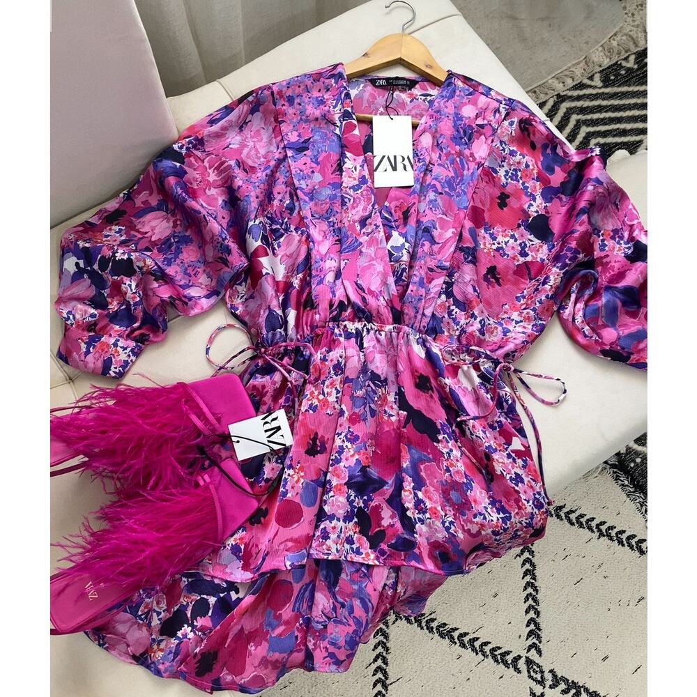 ZARA Pink Floral V Neck Mini Dress NWT Flounce Hem Resort Vacation Dress M - Picture 16 of 16